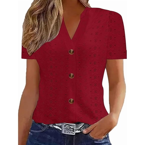 Womens Tops Summer Hollow Out Eyelet Tunic Dressy Short Sleeve Shirts Button V Neck T Shirts Casual Trendy Loose Fit Tees Blouses Going Out Tops
