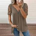 thumbnail image 1 of Womens Tops Summer Hollowed Out Short Sleeve Rhinestone V Neck Loose Solid T Shirts Zipper Tee Tops Blouse T Shirts for Women, 1 of 5