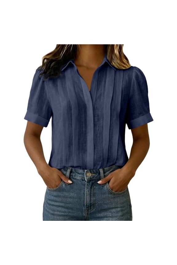 Womens Tops Summer Layered Pleated Short Sleeves Button Down Collar Petite Tops for Women,Navy.3XL