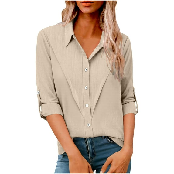 Cloaraye Womens Tops Summer Linen Shirts Plus Size Button Down Long Sleeve Shirts Solid Color Lapel Tunic Tops Blouses