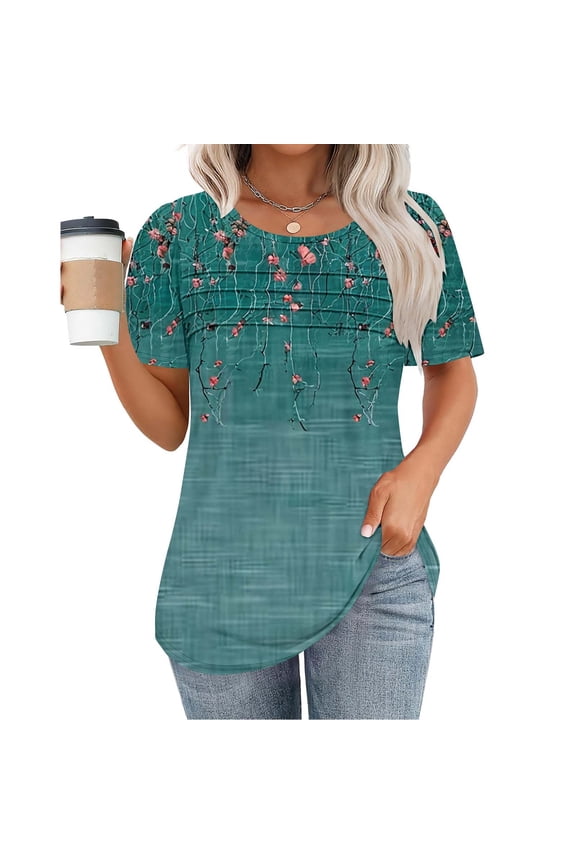 Womens Tops,Summer New Fashion Floral Prints Top Loose Round Neck Chest Pleated Shirts Womens Casual Short Sleeve Blouses Pullover Tops