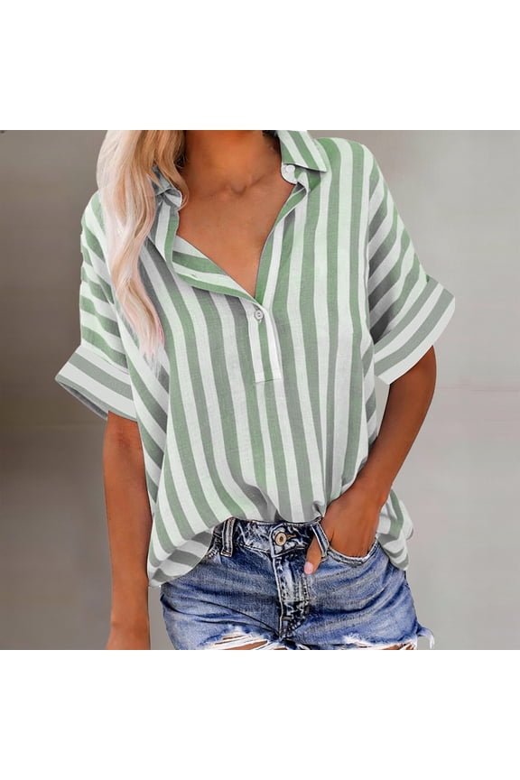 Womens Tops Summer New Women Fashionable Imitation Striped Short Sleeved Casual Short Sleeved Collar with Half Open Button up Shirt Tops Style B-11 Green M