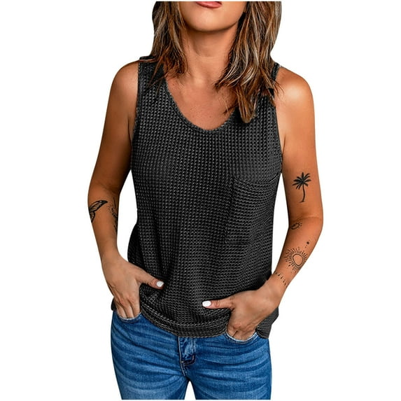 Womens Tops Summer O-Neck Casual Solid Pockets Tank Tops Sleeveless Blouse