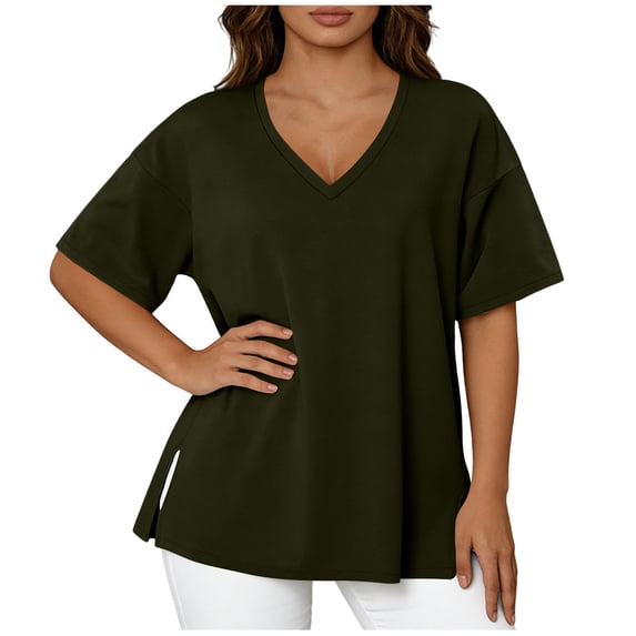 Womens Tops Summer Plus Size Casual Cap Sleeve Tshirts Fashion Plus Size Solid Color Hem Slit Short Sleeved V-Neck Pullover Fashionable Top (Size:L-5XL)