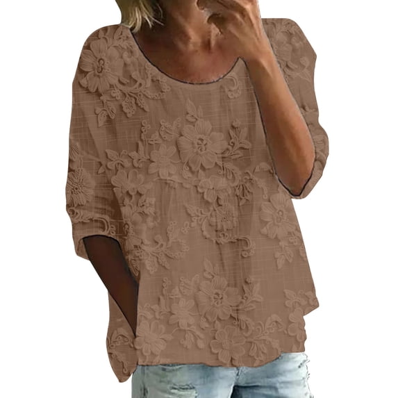 Womens Tops Summer Print Round Neck 3/4 Sleeve Loose Tee Spring Tops for Women