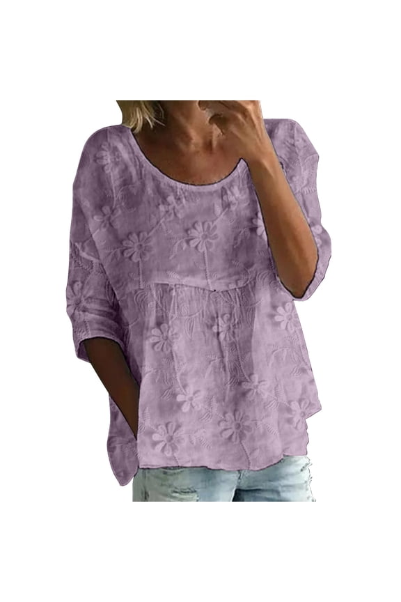 Womens Tops Summer Print Round Neck 3/4 Sleeve Loose Tee Spring Tops for Women