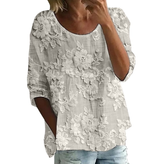 Womens Tops Summer Print Round Neck 3/4 Sleeve Loose Tee Spring Tops for Women