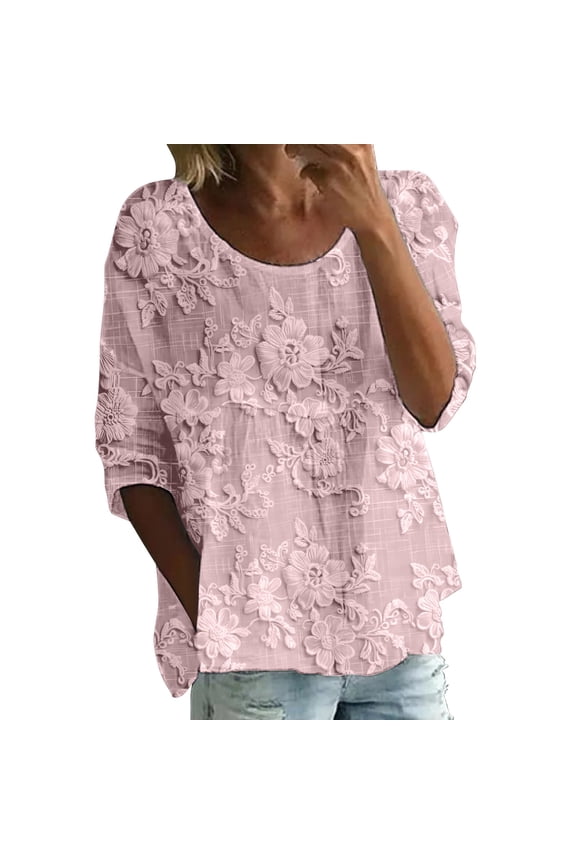 Womens Tops Summer Print Round Neck 3/4 Sleeve Loose Tee Spring Tops for Women