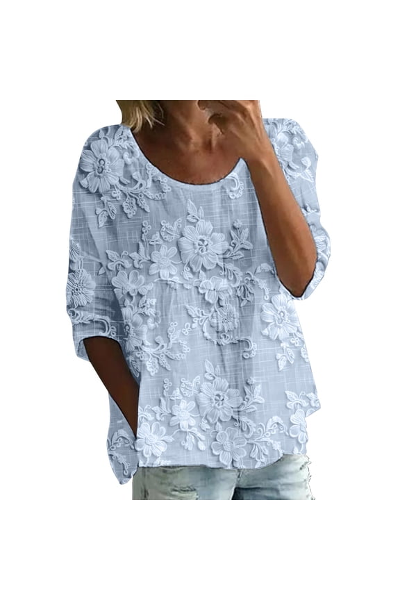 Womens Tops Summer Print Round Neck 3/4 Sleeve Loose Tee Spring Tops for Women