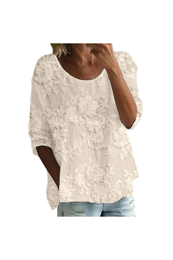 Womens Tops Summer Print Round Neck 3/4 Sleeve Loose Tee Spring Tops for Women