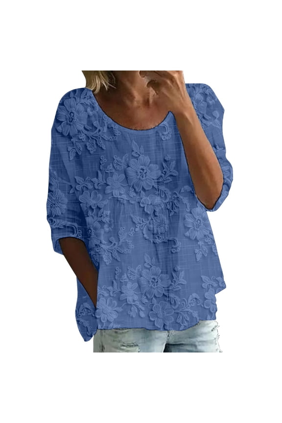 Womens Tops Summer Print Round Neck 3/4 Sleeve Loose Tee Spring Tops for Women