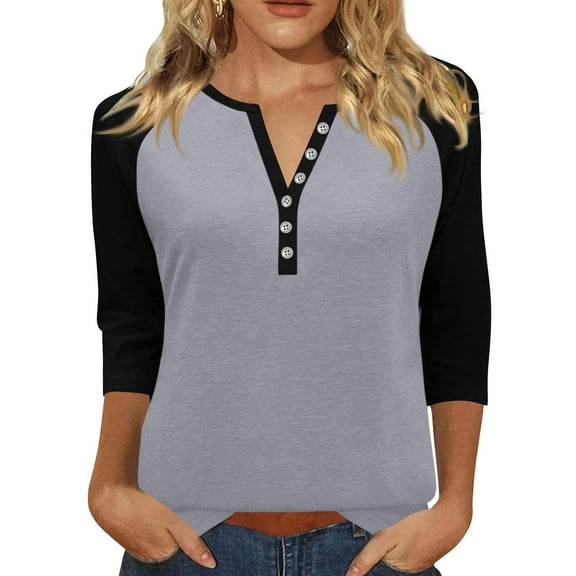 Womens Tops Summer Printed Top 3/4 Sleeves Buttons Blouse Short Sleeve V Neck T Shirt Polyester Spandex Breathable Comfortable Casual M Sweaters For Women