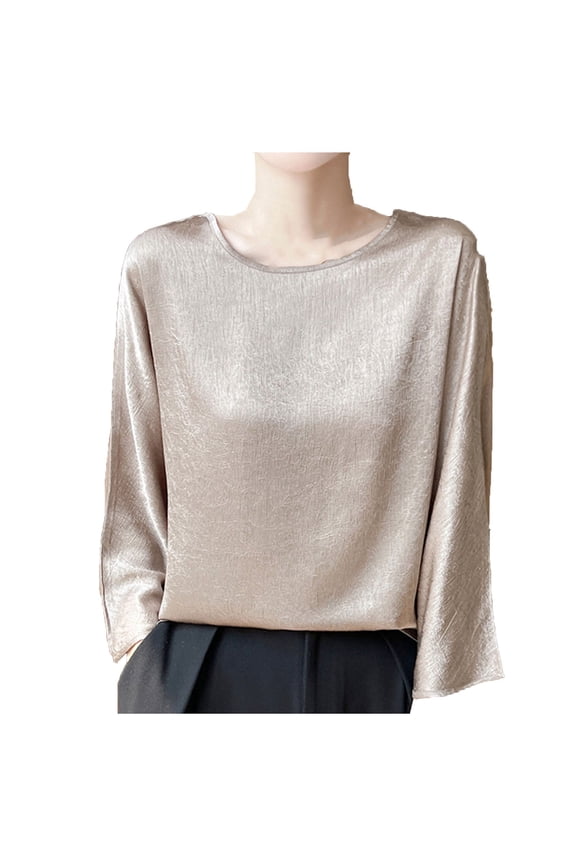 Womens Tops, Summer Round Neck 3/4 Sleeve Tees for Women Loose Draping Silk Smooth Satin T-Shirt Work Tops Dressy Business Blouse