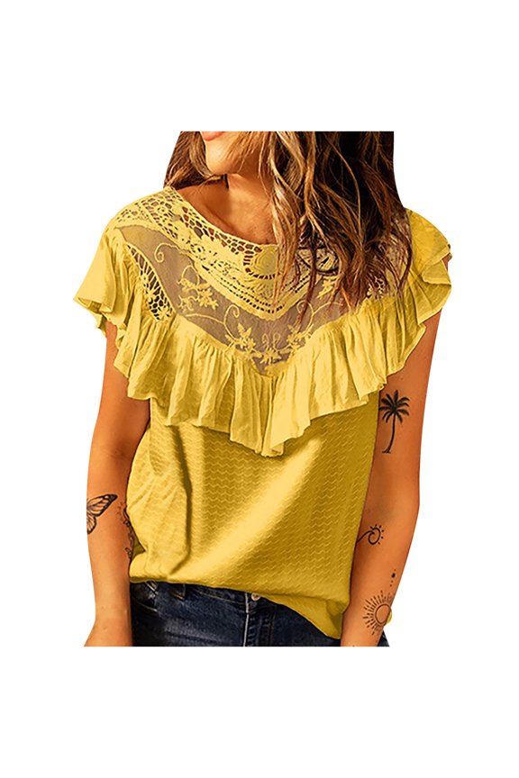 Womens Tops Summer Round-Neck Lace Patchwork Sleeveless Tank Top Blouse