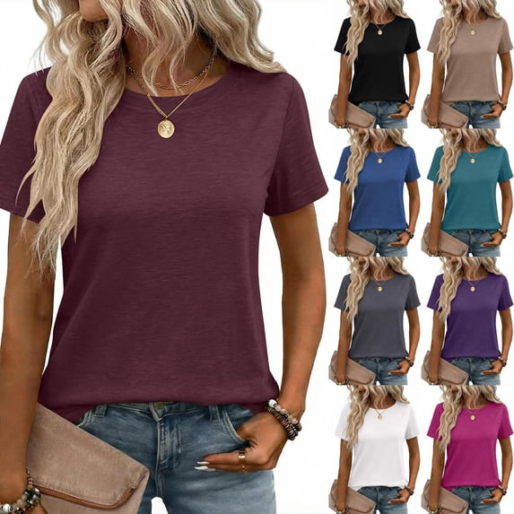 Womens Tops Summer Short Sleeve Crewneck T Shirts Spring Vacation Outfits Fashion Clothing Basic Tee Black L