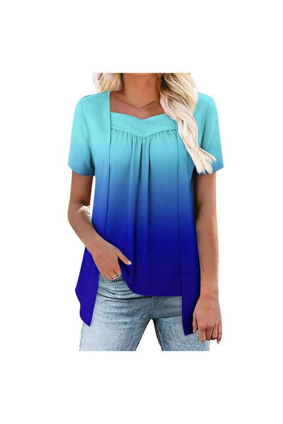 Womens Tops Summer Short Sleeve Shirts Fake Two Piece Blouses Gradient Sweetheart Neckline Tunic T-Shirts Pleated Flowy Ruffle Tops Dressy Casual Spring Blouse Vacation Clothes