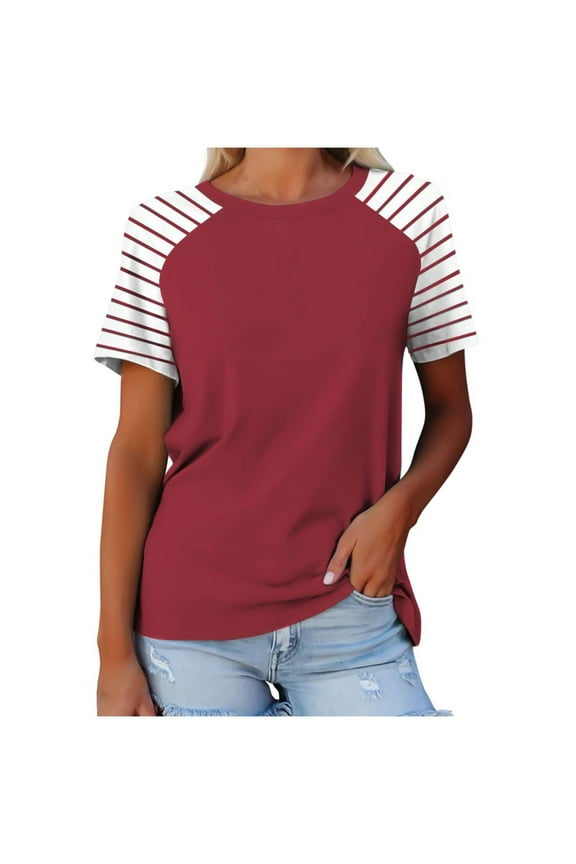 Womens Tops Summer Short Sleeve Shirts Raglan Striped T-Shirts Red XL