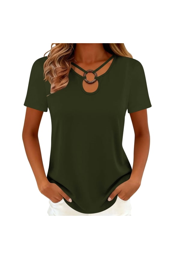 Womens Tops Summer Short Sleeve T-Shirt Stylish Ring Cutout Neck Soft Loose Fit Basic Casual Tee for Daily Street Vacation Wear by Gbobgt Blackish Green 3XL