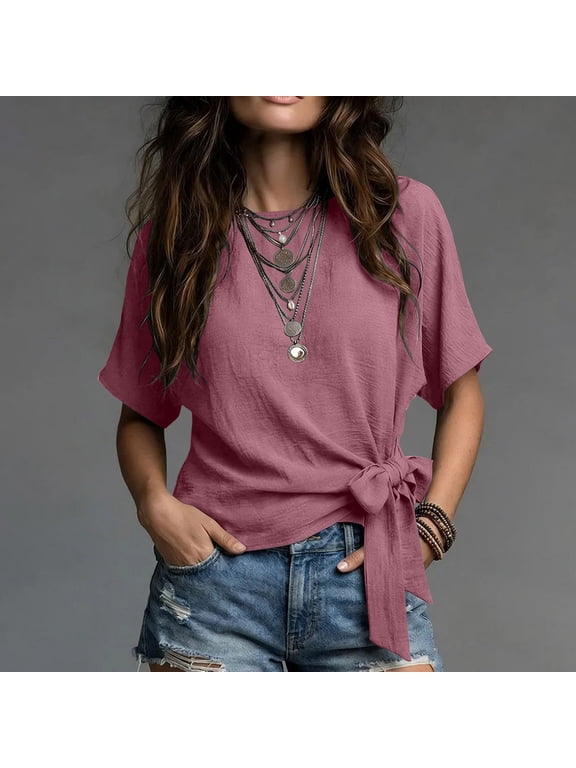 Womens Tops Summer Short Sleeve Tie Front Shirts 2026 Business Casual Work Blouses Knot Side Tie Round Neck Loose Blouse Shirt Cute Plus Size Tops