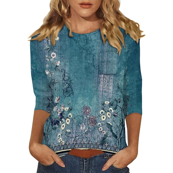 Womens Tops Summer Solid 3/4 Sleeve Crew Neck Loose Casual Tee Spring Tops for Women