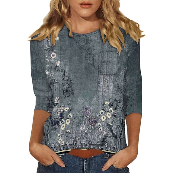 Womens Tops Summer Solid 3/4 Sleeve Crew Neck Loose Casual Tee Spring Tops for Women
