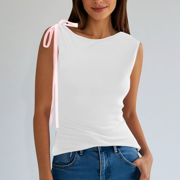 Womens Tops Summer Solid Color Crew Neck Tee Shirts Leisure Loose Fit Sleeveless Standard Straps Blouses