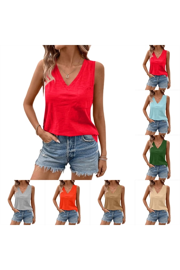 Womens Tops Summer Solid Color Sleeveless Shirts Casual V Neck Tank Tops Tunic Casual Basic Shirts True Classic Tees Cute Trendy Plain Clothes Summer Loose Fit Clothes Womens Tops 2026 Camel XXL