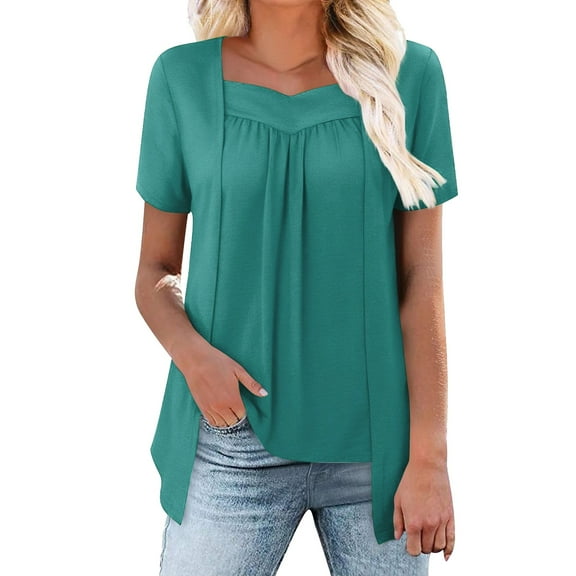 Womens Tops Summer Square Neck Blouse Short Sleeve Plus Size Top Faux Two-Piece Design Lightweight Comfortable Easy Care 25X21X2Cm L Sweaters For Women