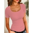 thumbnail image 1 of Womens Tops Summer Square Neck Short Sleeve Shirts Ribbed Knit Slim Fitted Tshirt Casual Tees Clothing, 1 of 5