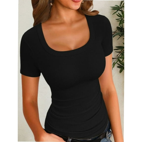 Womens Tops Summer Square Neck Short Sleeve Shirts Ribbed Knit Slim Fitted Tshirt Casual Tees Clothing