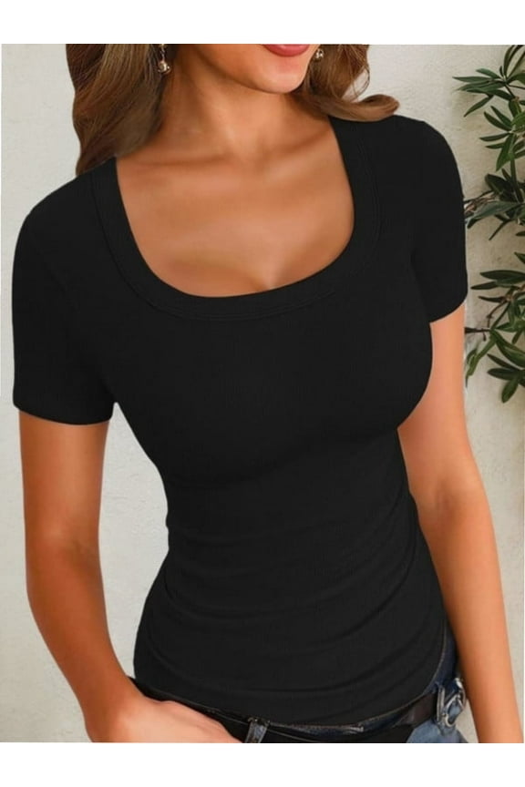 Womens Tops Summer Square Neck Short Sleeve Shirts Ribbed Knit Slim Fitted Tshirt Casual Tees Clothing