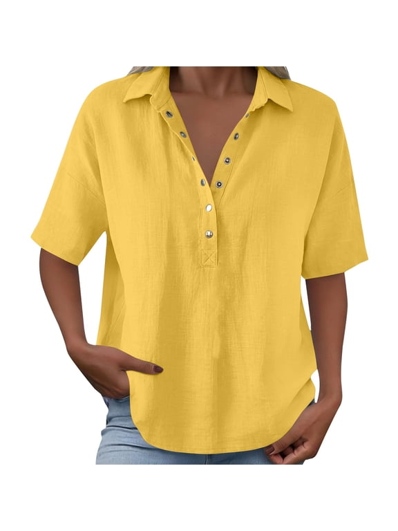 Womens Tops Summer Tops For Women Casual V Neck Pullover Mid Sleeve Button Down Blouses Womens T Shirts