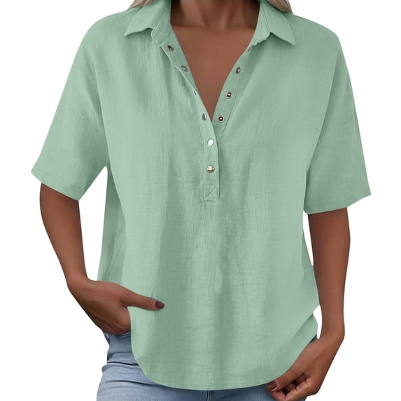 Womens Tops Summer Tops For Women Casual V Neck Pullover Mid Sleeve Button Down Blouses Womens T Shirts