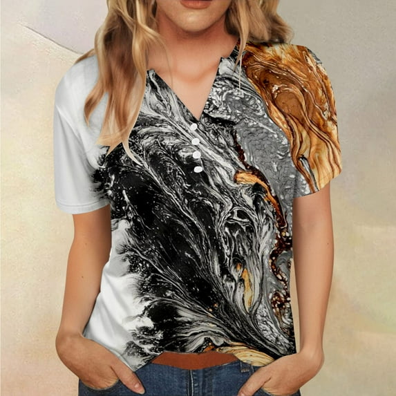 Womens Tops Summer Tops for Women 2025 Trendy Boho Floral Print Tunic Shirts Short Sleeve Button V Neck Tshirt Casual Loose Blouse Shirts for Women