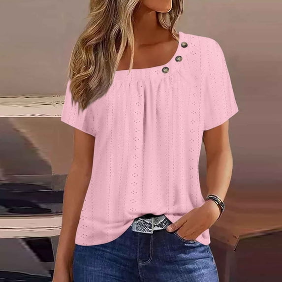 Womens Tops Summer Tops for Women Solid Color for Women O-Collar Short Sleeve Comfy Womens Tops Tshirtss Shirts for Women Kagetolytai Pink L