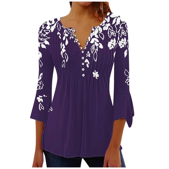 Womens Tops Summer Trendy Print V Neck 3/4 Sleeve Blouse Spring Tops for Women