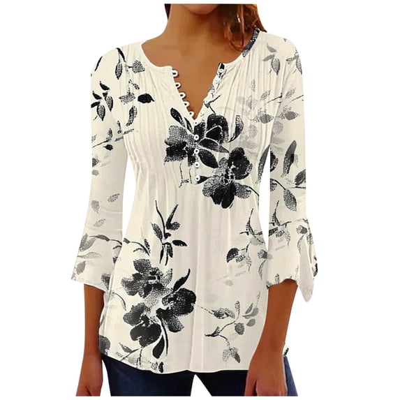 Womens Tops Summer Trendy Print V Neck 3/4 Sleeve Blouse Spring Tops for Women