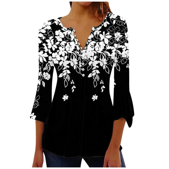 Womens Tops Summer Trendy Print V Neck 3/4 Sleeve Blouse Spring Tops for Women