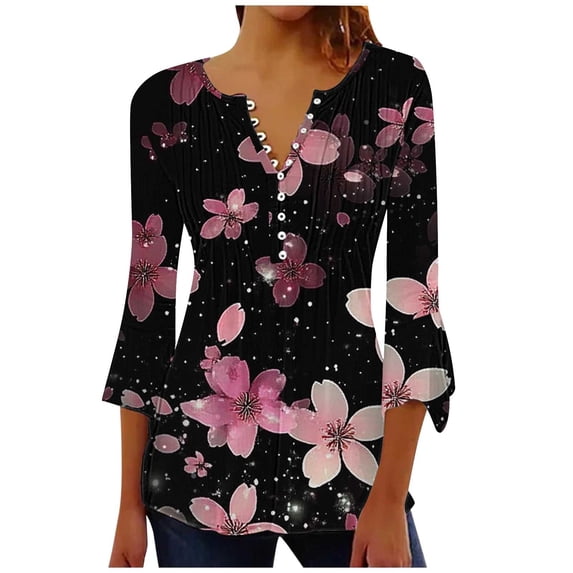 Womens Tops Summer Trendy Print V Neck 3/4 Sleeve Blouse Spring Tops for Women