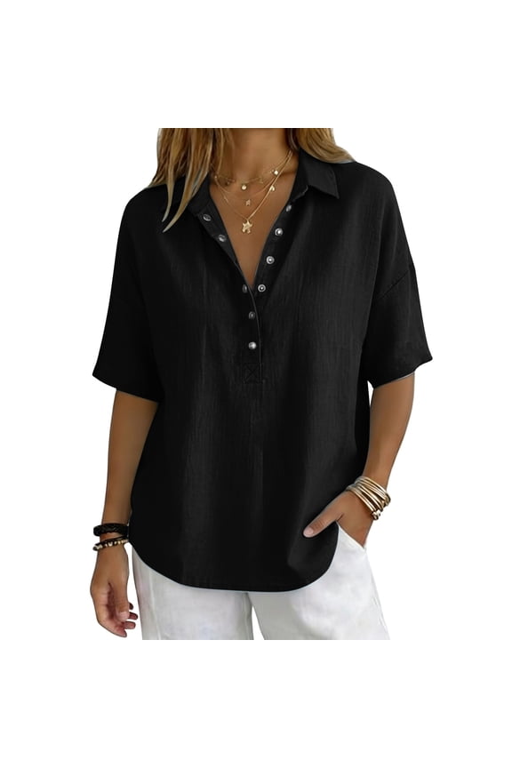 Womens Tops Summer V Neck Mid Sleeve Button Pullover Tee Spring Tops for Women