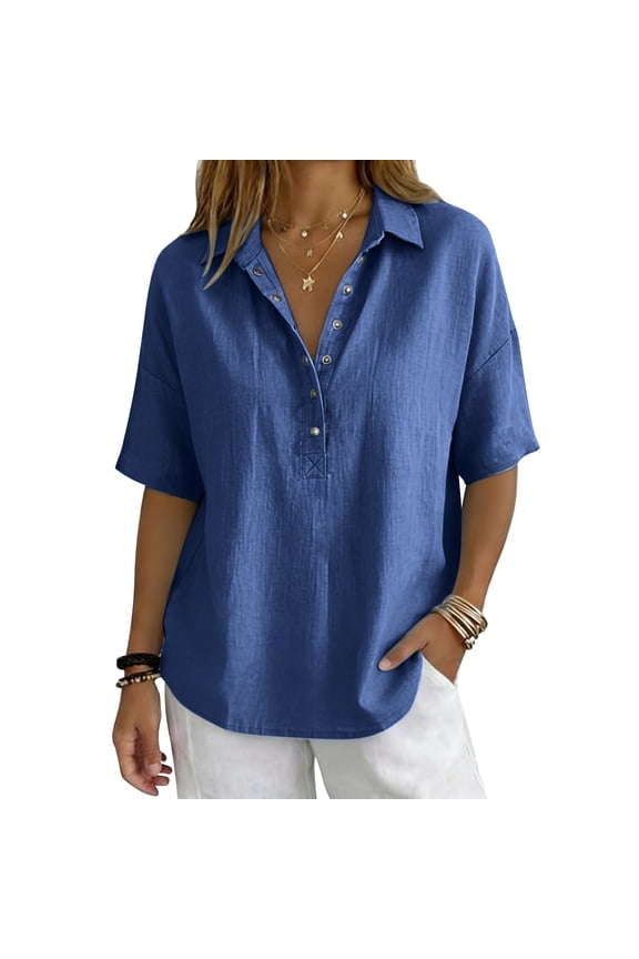 Womens Tops Summer V Neck Mid Sleeve Button Pullover Tee Spring Tops for Women
