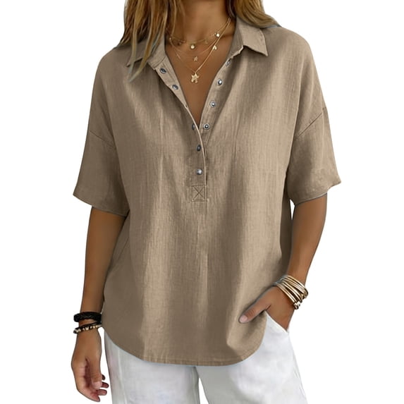Womens Tops Summer V Neck Mid Sleeve Button Pullover Tee Spring Tops for Women