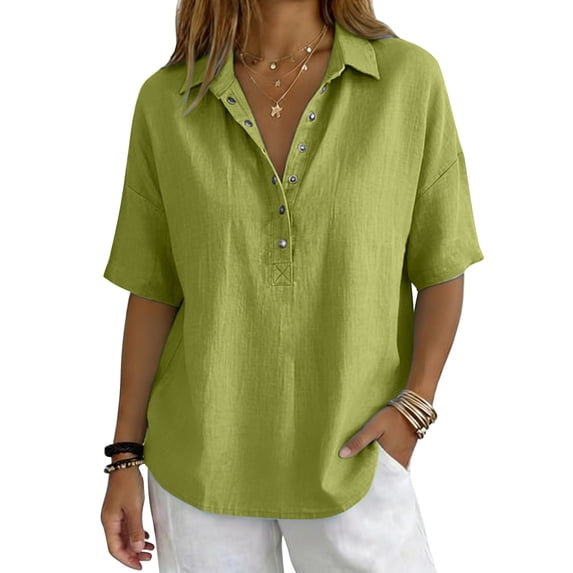 Womens Tops Summer V Neck Mid Sleeve Button Pullover Tee Spring Tops for Women