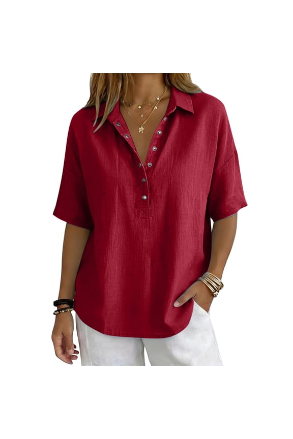 Womens Tops Summer V Neck Mid Sleeve Button Pullover Tee Spring Tops for Women