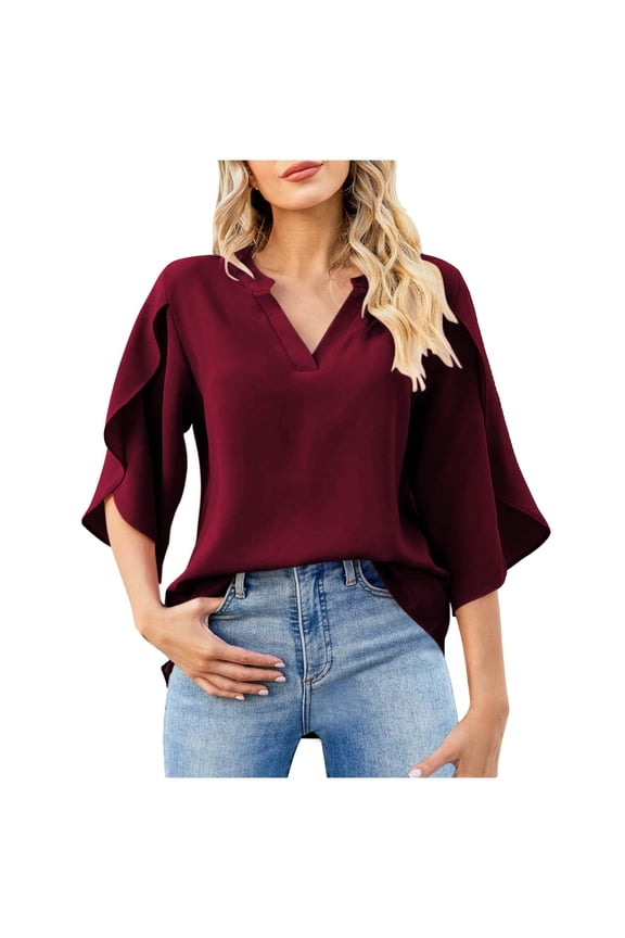 Womens Tops Summer V Neck Patel Three Quarter Sleeve Tops Business Casual Lightweight Loose Work Blouse,Wine,XXL