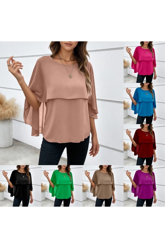 Womens Tops Summer Versatile Round Neck Solid Layered Cape Sleeve Chiffon Blouse Summer Tee S-3XL