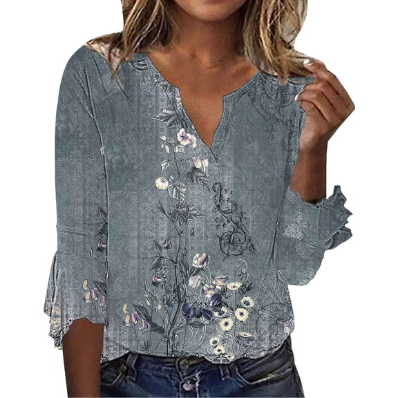 Womens Tops Summer Vintage Floral Seven Split Ruffle Sleeve V Neck Top Plus Size Fashion Shirt Polyester Spandex Blend Soft Stretchy 2Xl Sweaters For Women