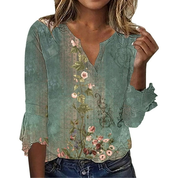 Womens Tops Summer Vintage Floral Seven Split Ruffle Sleeve V Neck Top Plus Size Fashion Shirt Polyester Spandex Blend Soft Stretchy L Sweaters For Women