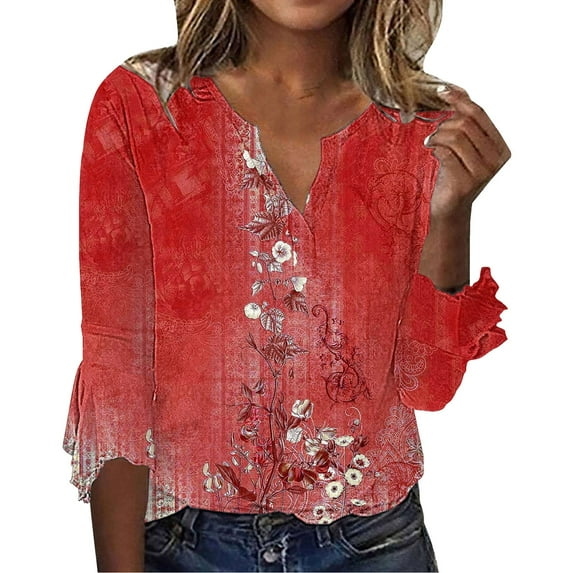 Womens Tops Summer Vintage Floral Seven Split Ruffle Sleeve V Neck Top Plus Size Fashion Shirt Polyester Spandex Blend Soft Stretchy S Sweaters For Women