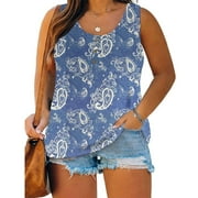 ALIGAMENT Womens Tops Summer Women Sleeveless Floral Printed Button Plus Size Tank Tops Loose Crew Neck Vest T Shirts Tunics Tee Plus Size Tops for Women